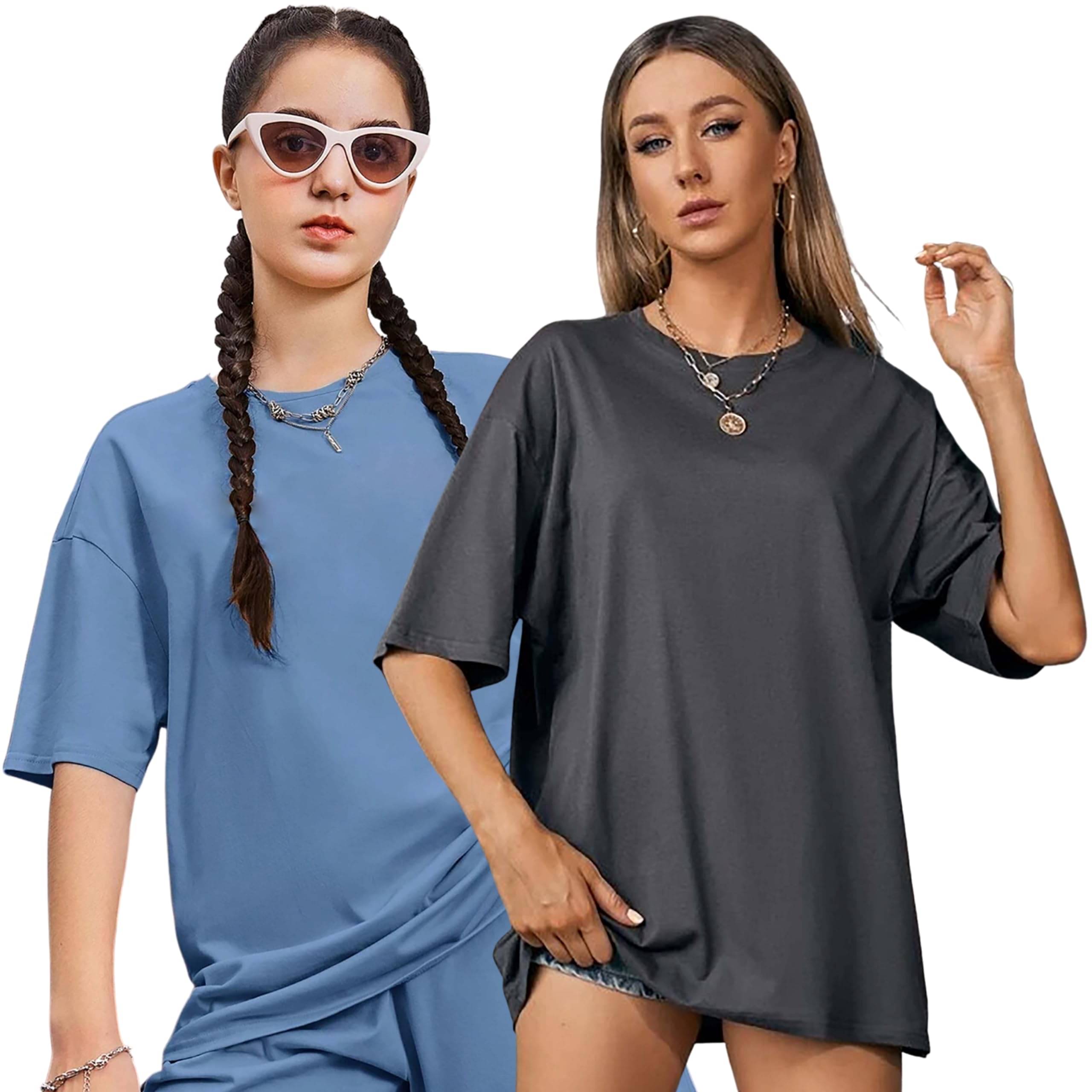 LONDON HILLS Women Cotton Blend Solid Oversized Fit Round Neck T-Shirt ( Blue )     			LONDON HILLS Women Cotton Blend Solid Oversized Fit Round Neck T-Shirt ( Blue )