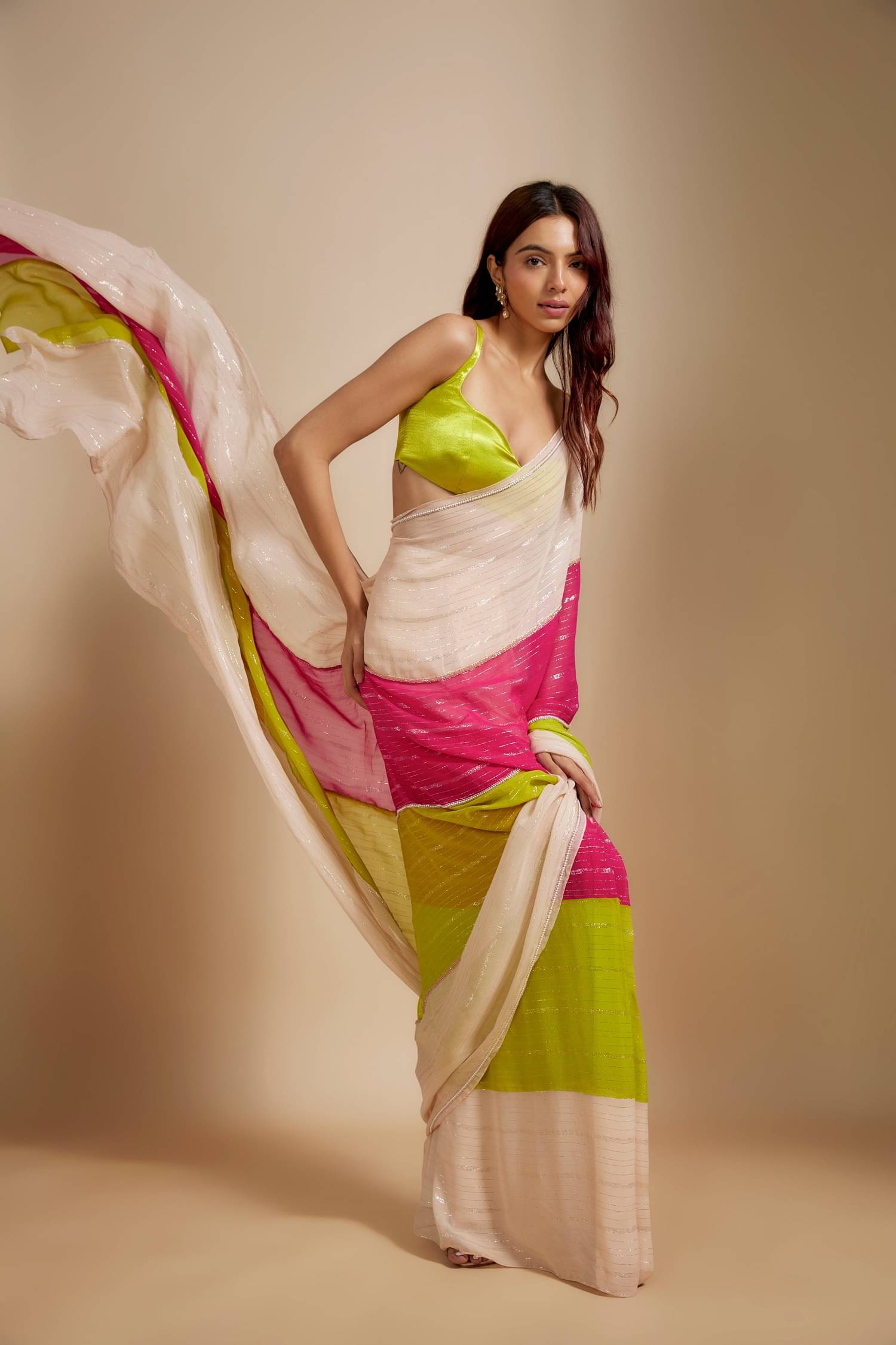     			Lady Shopi Georgette Striped Saree With Unstitched Blouse Piece ( Multicolor )