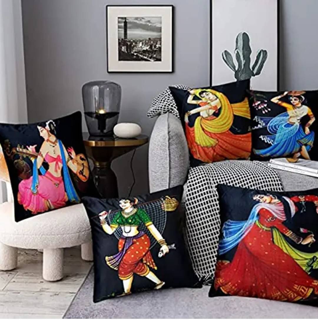     			Laphino Set of 5 Jute Graphic Square Cushion Cover (40X40)cm - Black