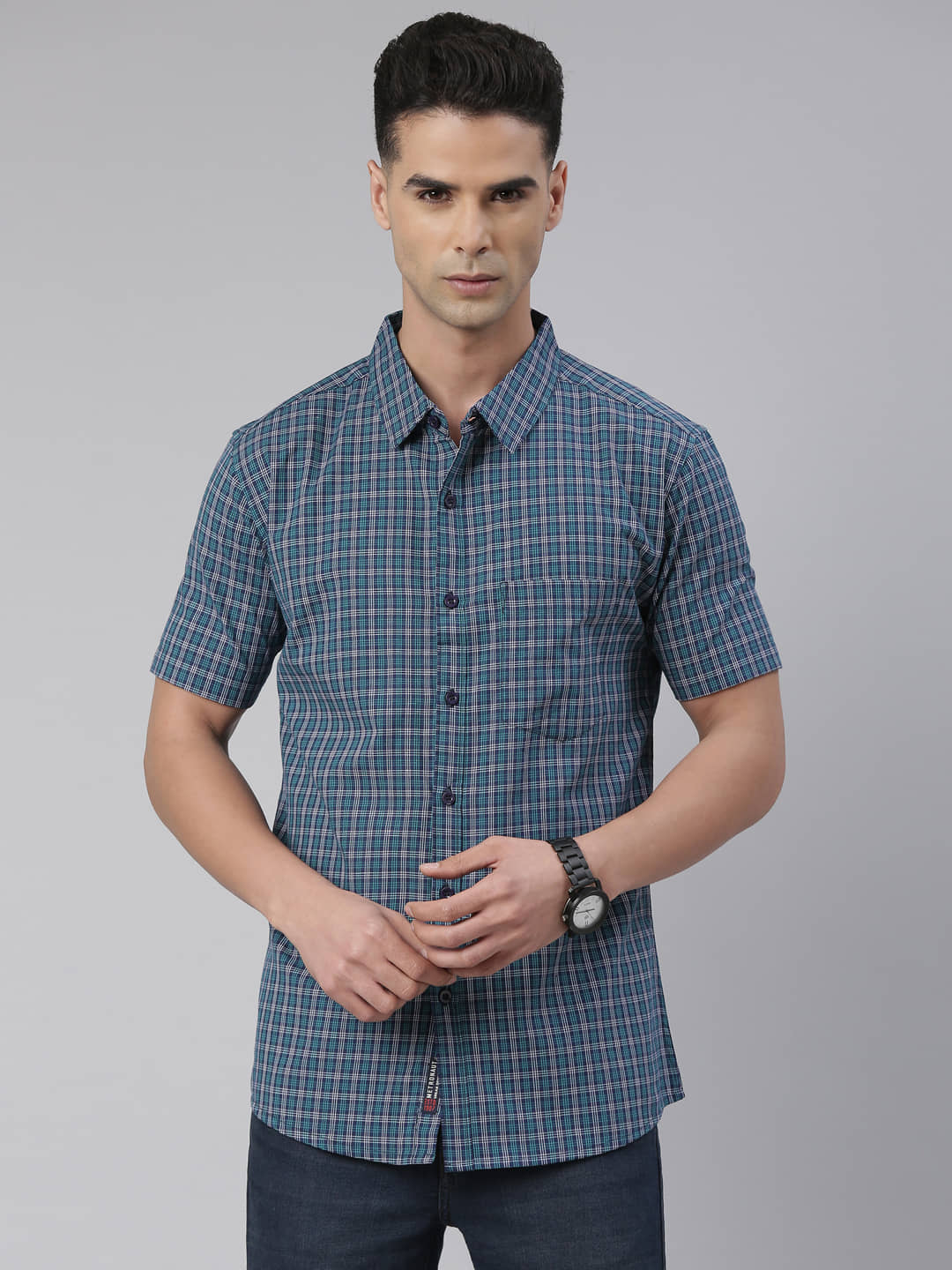 Lucky Roger 100% Cotton Regular Fit Checks Half Sleeves Men's Casual Shirt - Black ( Pack of 1 )