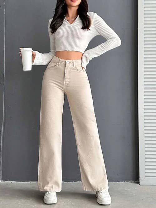 Niffer Fashion - Cream Denim Wide Leg Women's Jeans ( Pack of 1 ) - Jeans | Buy online on ZillyBuy