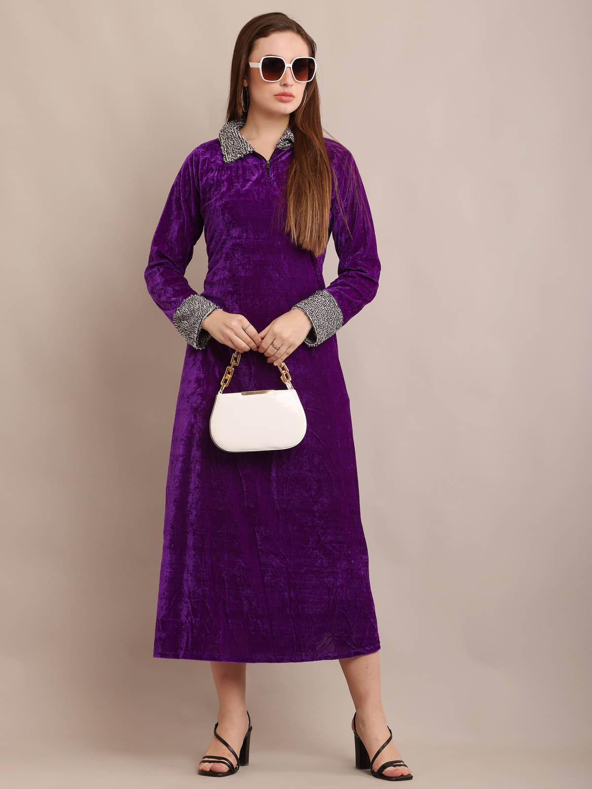 RAABTA FASHIION Women Velvet Solid A-line Dress ( Purple ) RAABTA FASHIION Women Velvet Solid A-line Dress ( Purple )