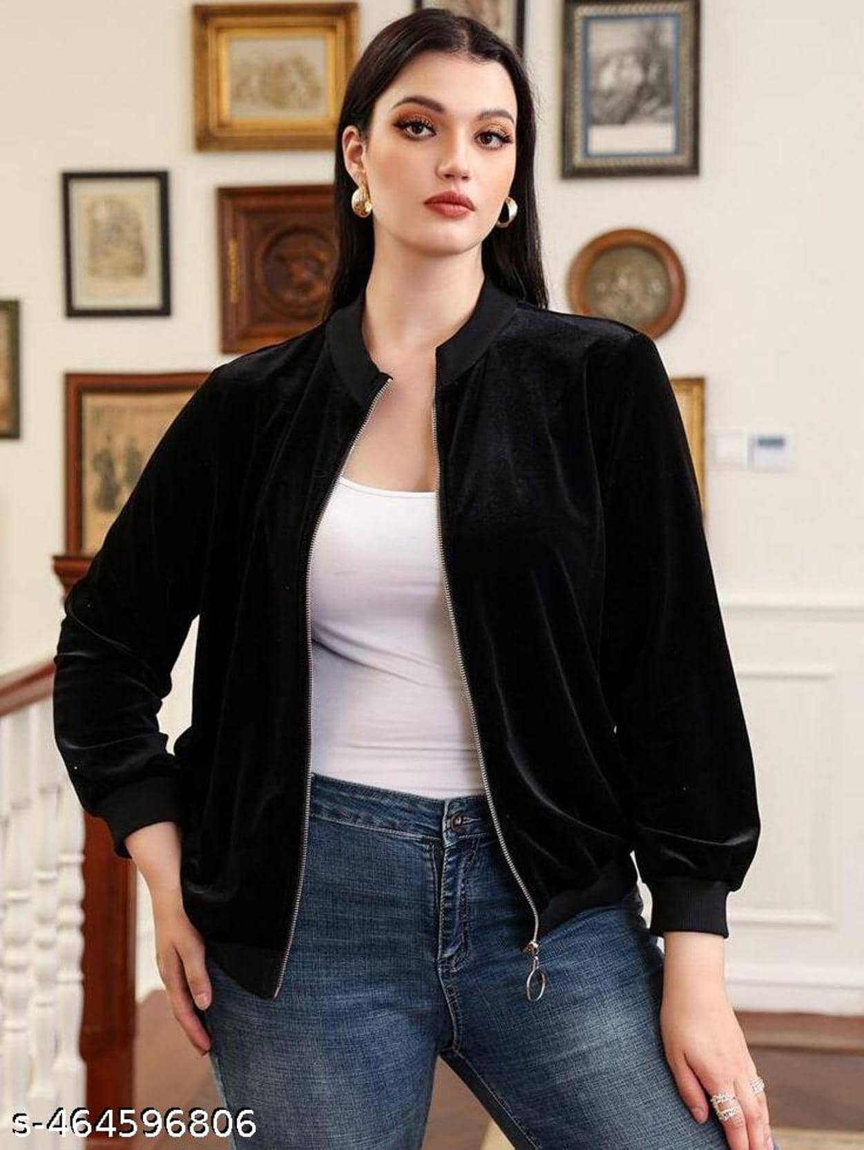 REAL STYLE Women Velvet Mandarin Collar Sweatshirt For ( Black )
