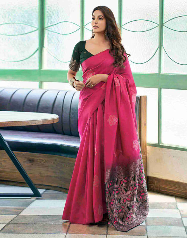 Sanjana Silks Silk Blend Self Design Saree With Unstitched Blouse Piece ( Pink ) Sanjana Silks Silk Blend Self Design Saree With Unstitched Blouse Piece ( Pink )