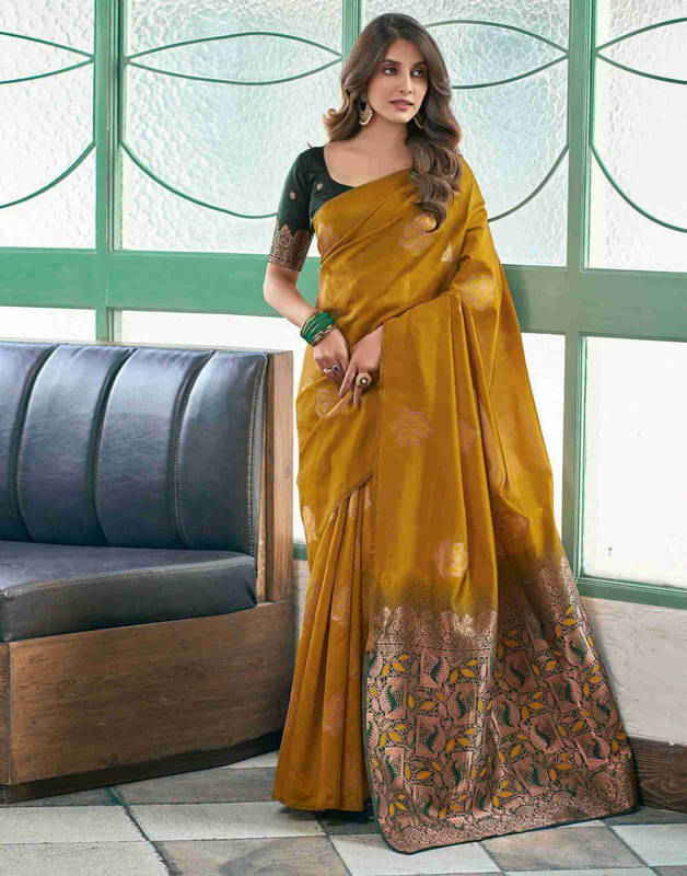 Sanjana Silks Silk Blend Self Design Saree With Unstitched Blouse Piece ( Yellow ) Sanjana Silks Silk Blend Self Design Saree With Unstitched Blouse Piece ( Yellow )
