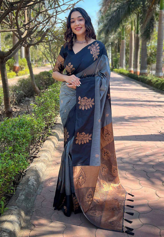 Sanwariya Silks Silk Blend Self Design Saree With Unstitched Blouse Piece ( Grey ) Sanwariya Silks Silk Blend Self Design Saree With Unstitched Blouse Piece ( Grey )