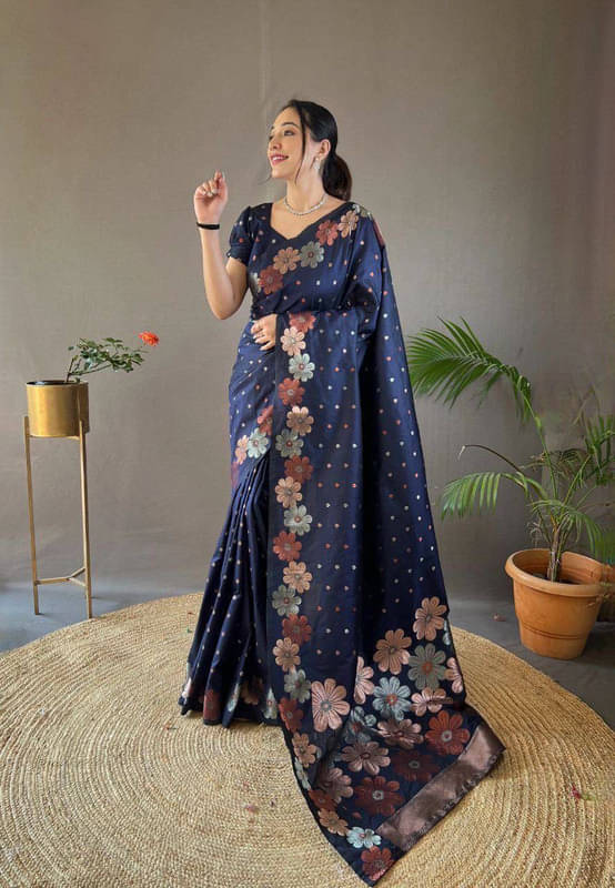     			Sanwariya Silks Silk Blend Printed Saree With Unstitched Blouse Piece ( Navy Blue )