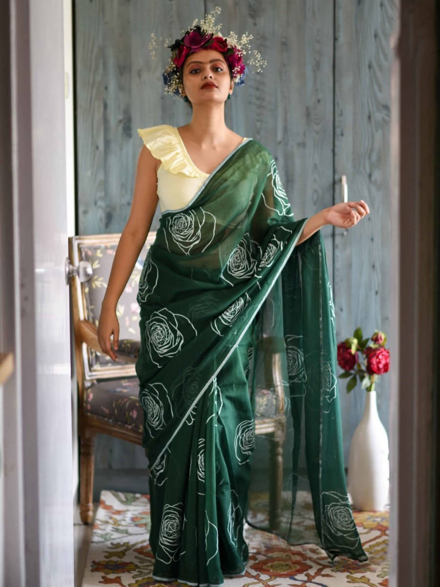 Sidhidata Linen Printed Saree With Unstitched Blouse Piece ( Green ) Sidhidata Linen Printed Saree With Unstitched Blouse Piece ( Green )