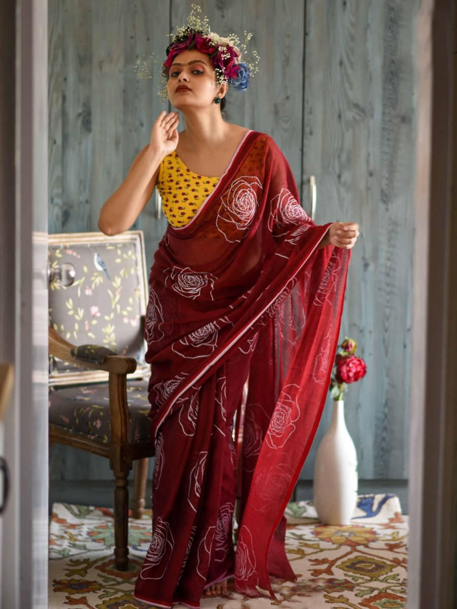 Sidhidata Linen Printed Saree With Unstitched Blouse Piece ( Red ) Sidhidata Linen Printed Saree With Unstitched Blouse Piece ( Red )