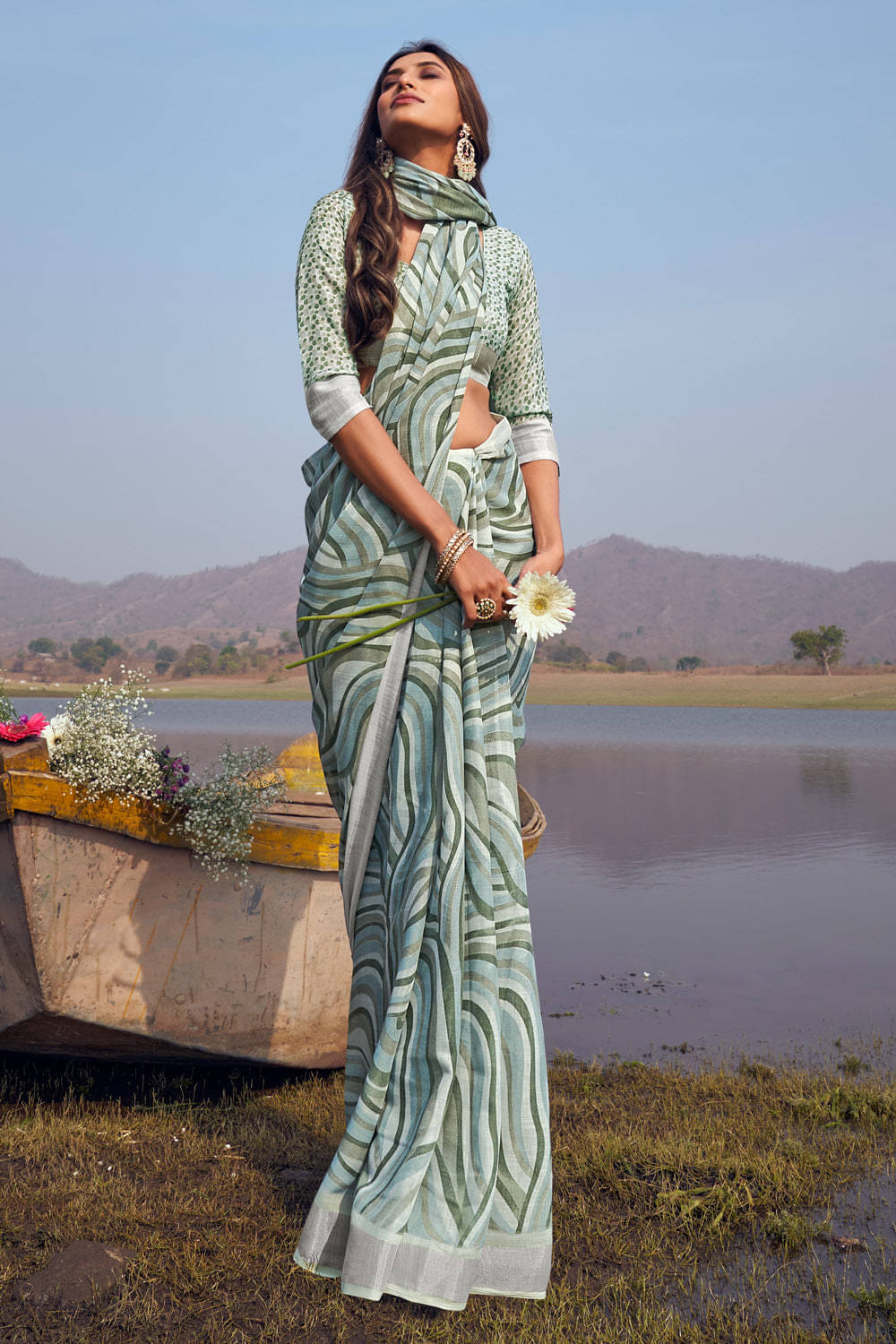     			Sidhidata Linen Printed Saree With Unstitched Blouse Piece ( Sea Green )