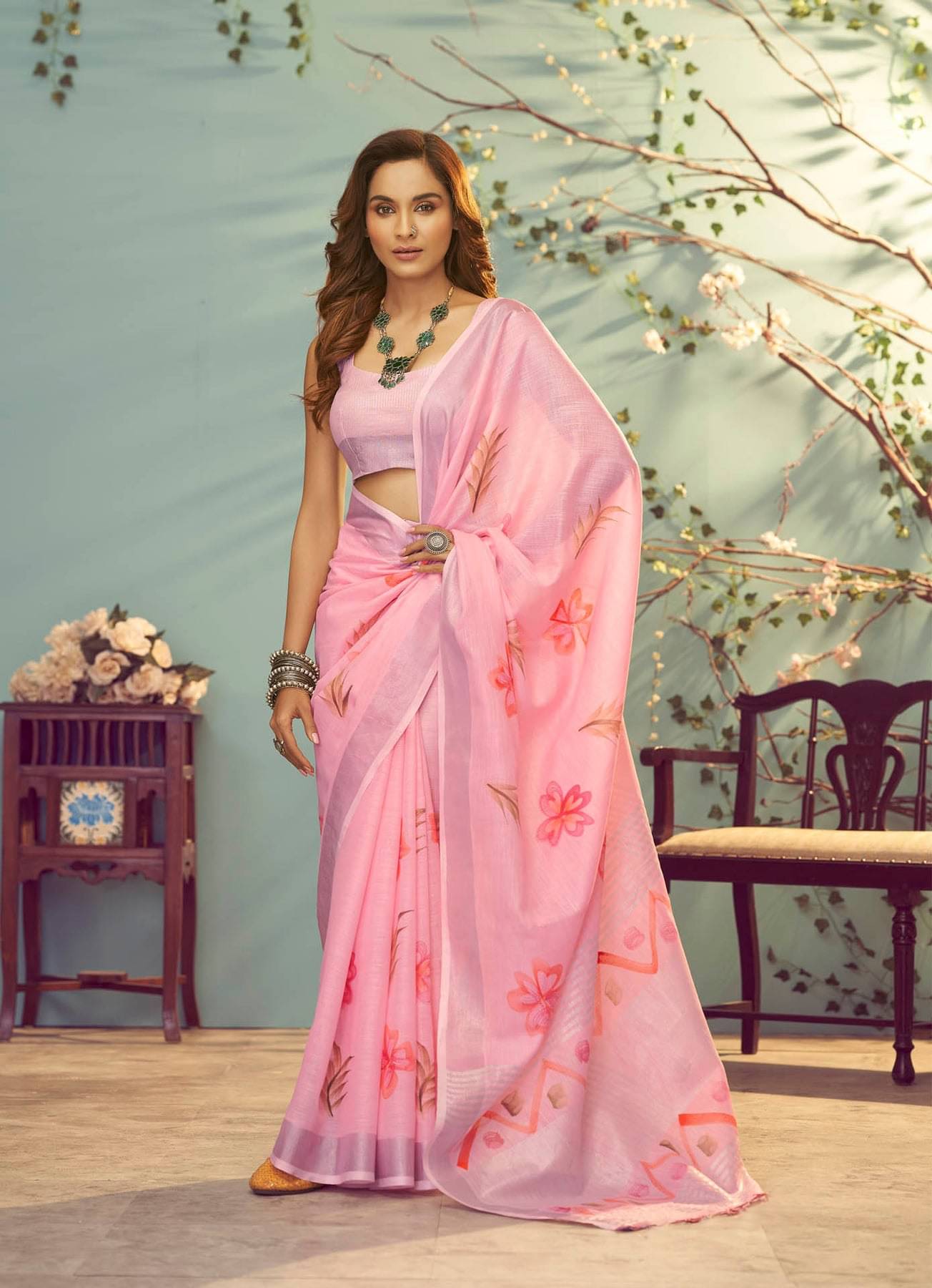 Sidhidata Linen Printed Saree With Unstitched Blouse Piece ( Pink ) Sidhidata Linen Printed Saree With Unstitched Blouse Piece ( Pink )