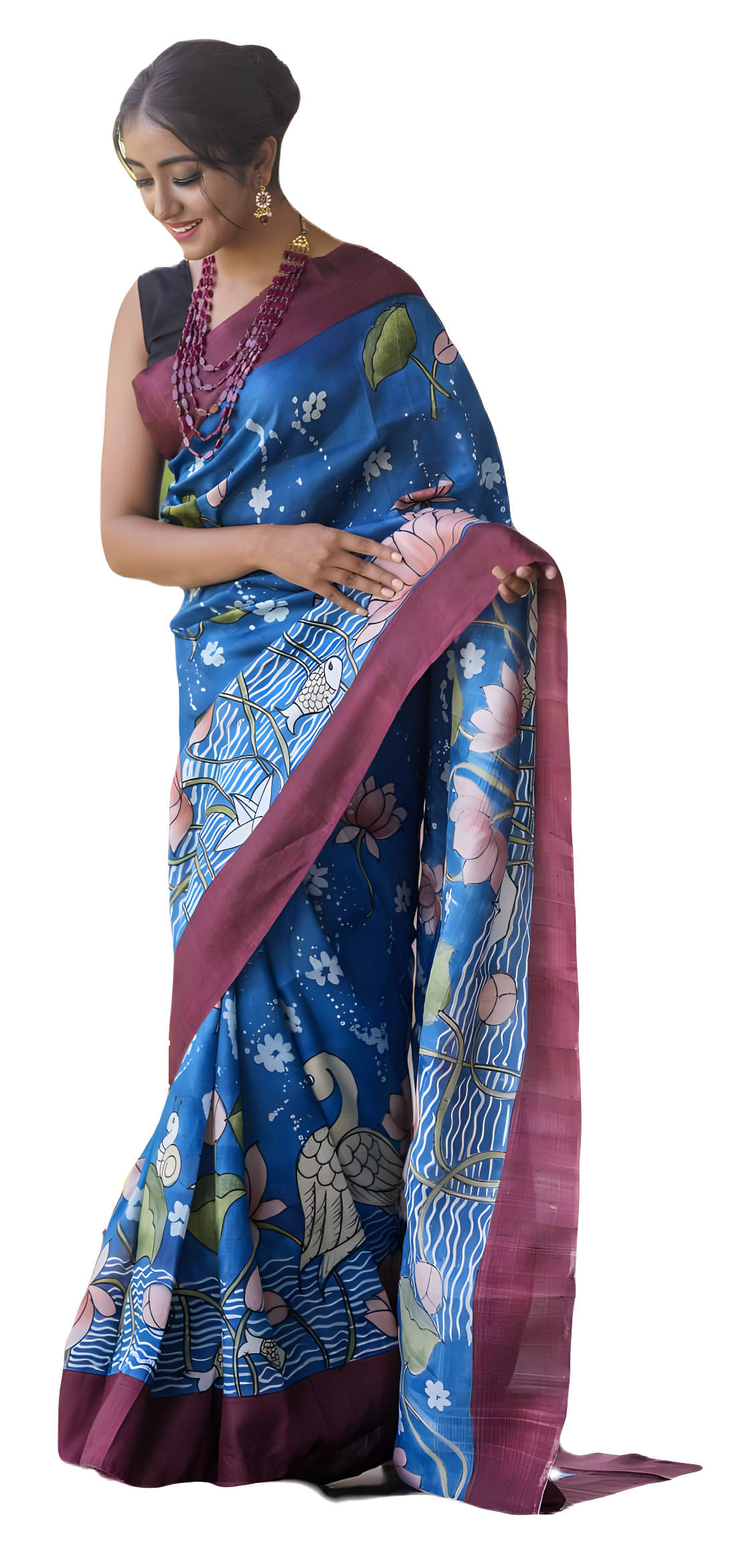     			Sidhidata Linen Printed Saree With Unstitched Blouse Piece ( Blue )
