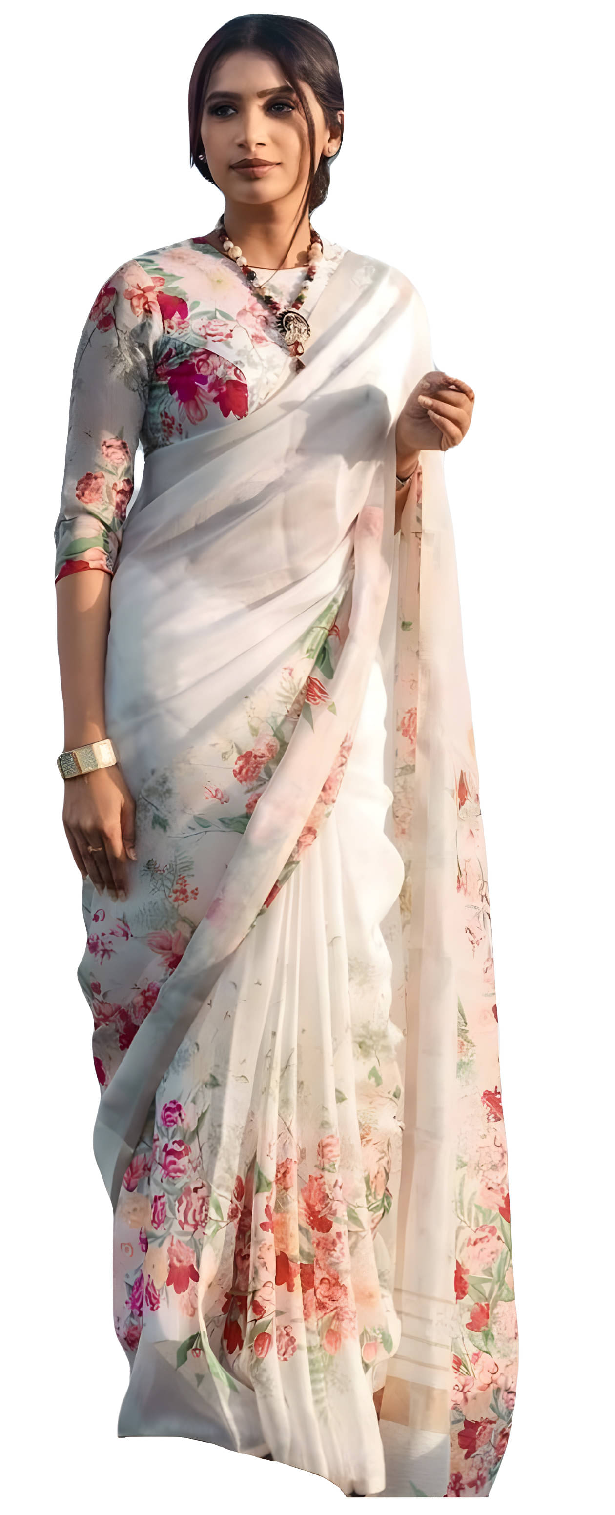     			Sidhidata Linen Printed Saree With Unstitched Blouse Piece ( White )