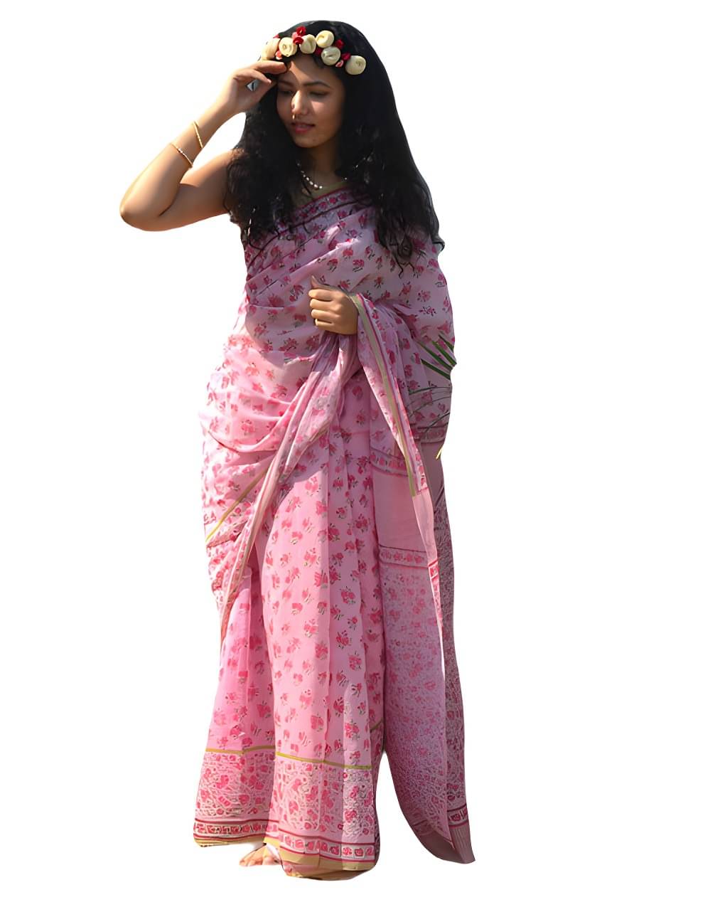     			Sidhidata Linen Printed Saree With Unstitched Blouse Piece ( Pink )