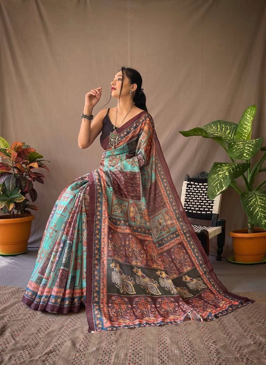     			Sidhidata Linen Printed Saree With Unstitched Blouse Piece ( Multicolor )