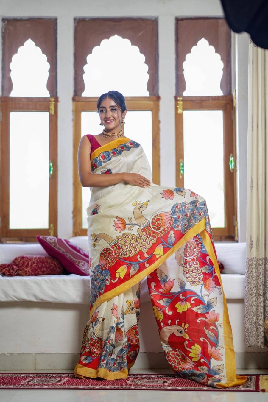     			Sidhidata Linen Printed Saree With Unstitched Blouse Piece ( Cream )