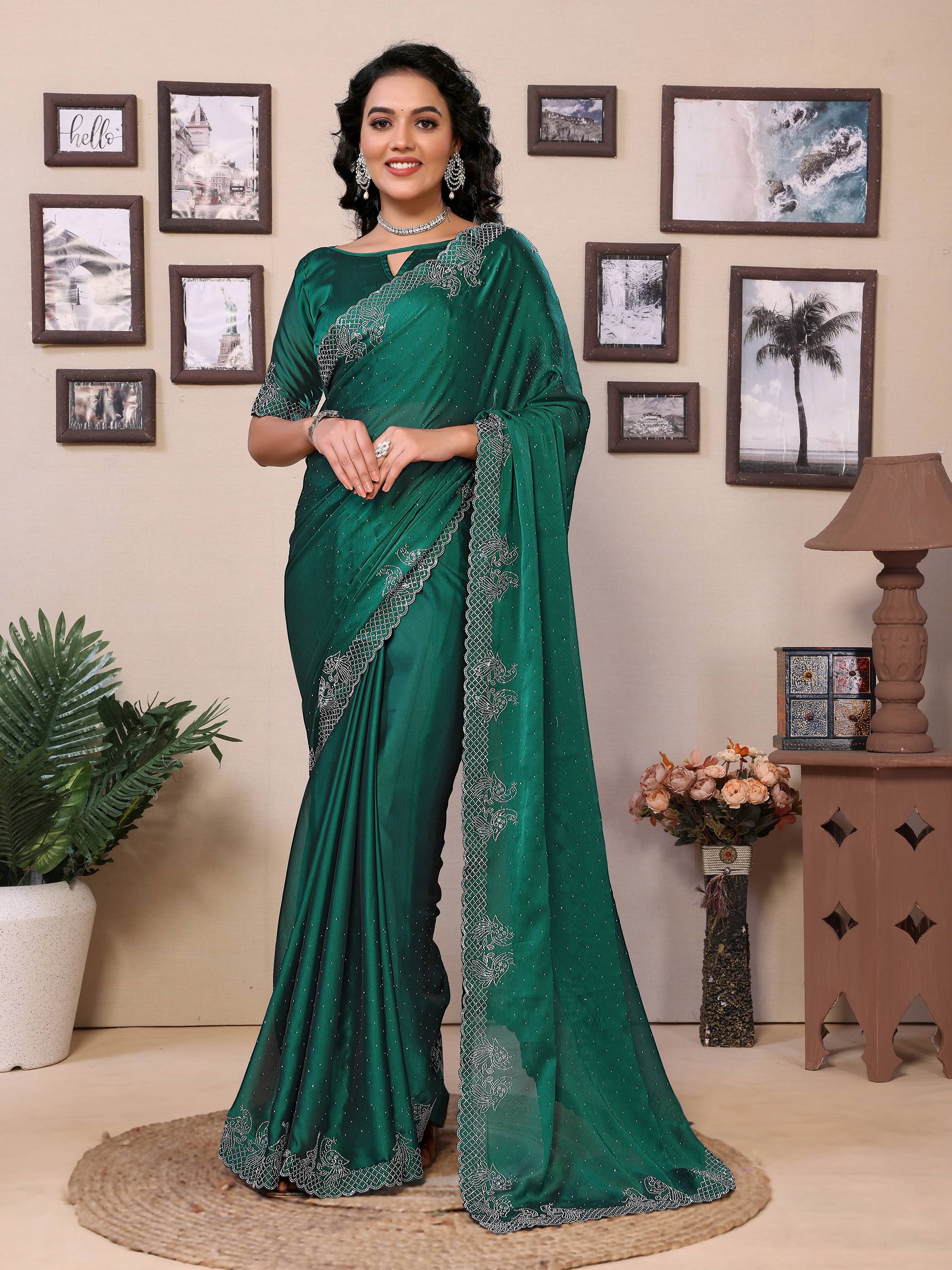 Sindharat Fashion Polyester Embellished Saree With Unstitched Blouse Piece ( Green )     			Sindharat Fashion Polyester Embellished Saree With Unstitched Blouse Piece ( Green )