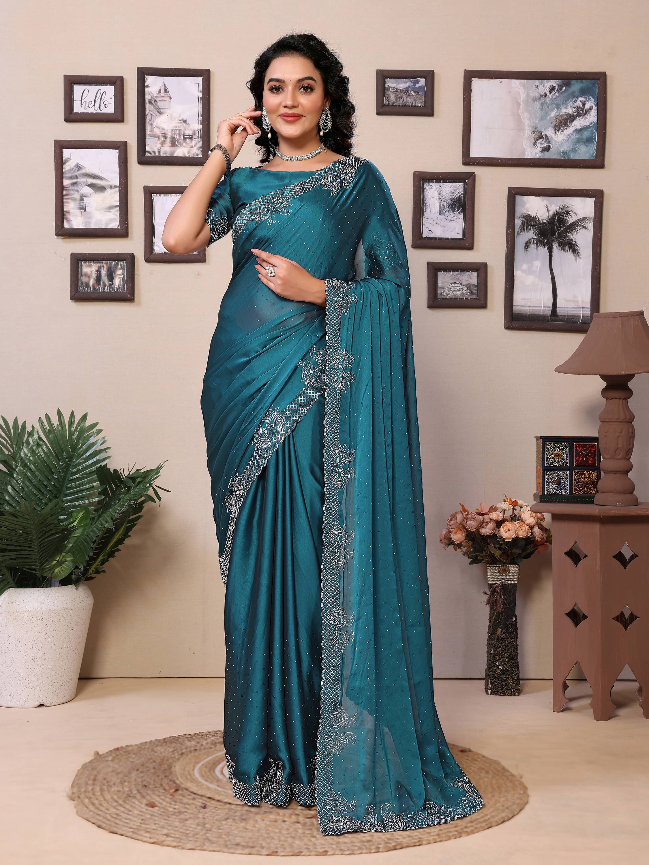 Sindharat Fashion Polyester Embellished Saree With Unstitched Blouse Piece ( Teal ) Sindharat Fashion Polyester Embellished Saree With Unstitched Blouse Piece ( Teal )