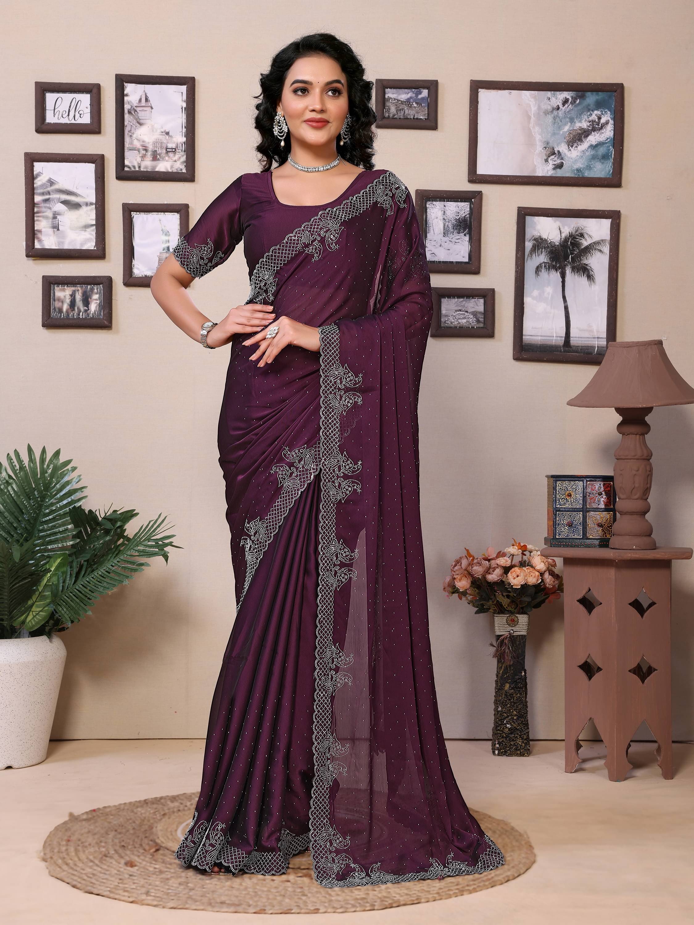     			Sindharat Fashion Polyester Embellished Saree With Unstitched Blouse Piece ( Wine )