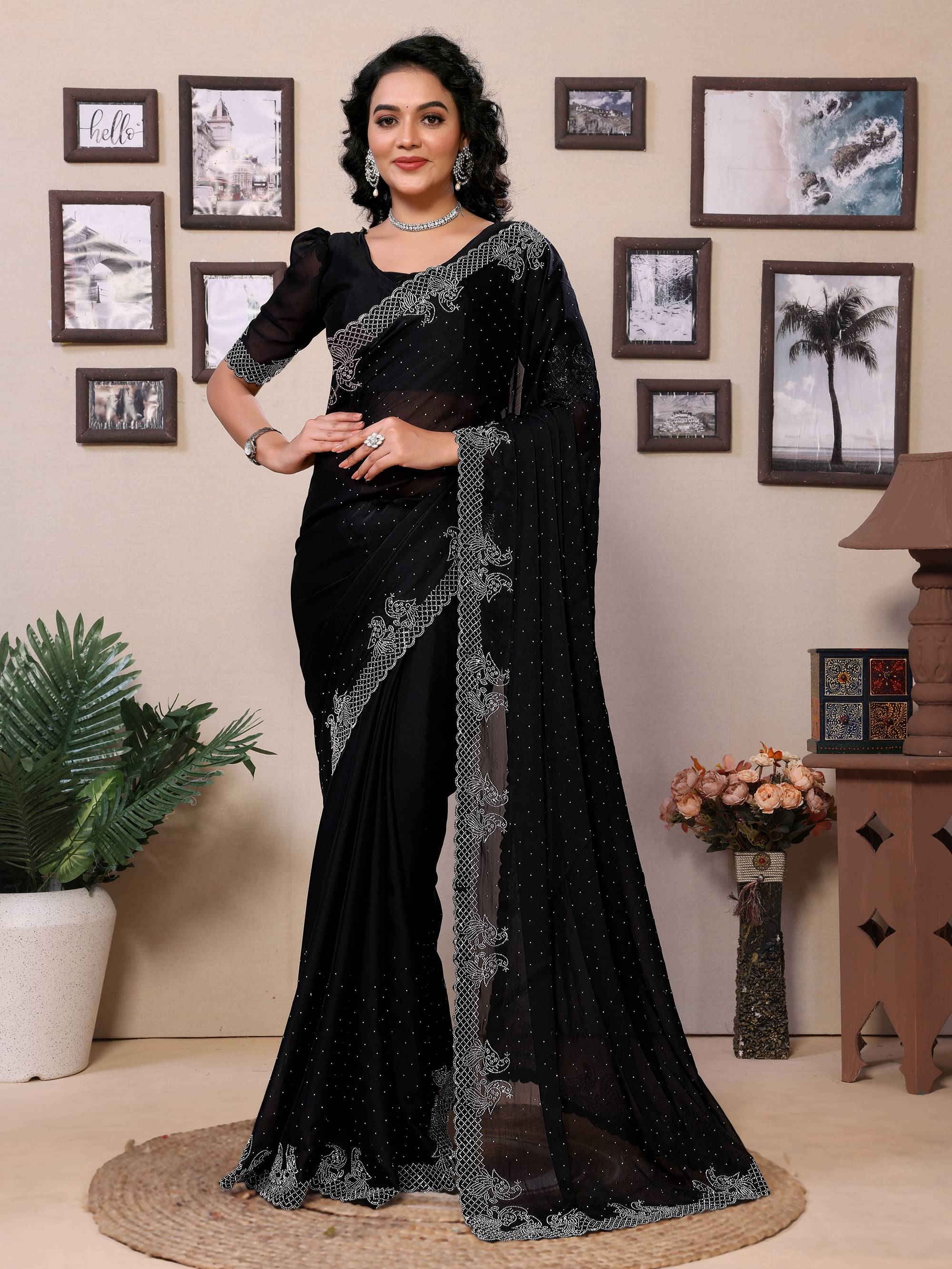     			Sindharat Fashion Polyester Embellished Saree With Unstitched Blouse Piece ( Black )