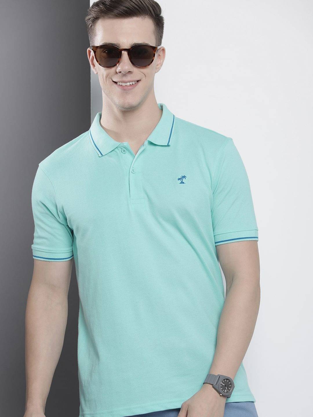     			The Indian Garage Co. Pack of 1 Cotton Blend Regular Fit Solid Half Sleeves Men's Polo T Shirt ( Aqua )