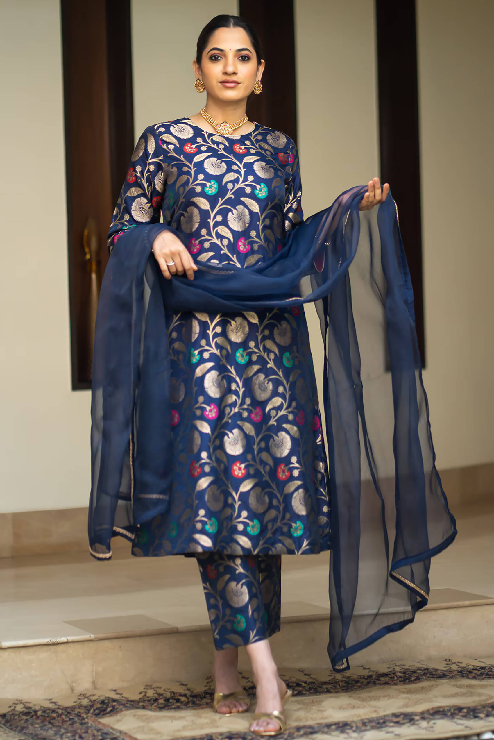 Trijal Fab Pack of 1 Jacquard Woven Design Straight Women's Kurti with Dupatta - ( Blue ) Trijal Fab Pack of 1 Jacquard Woven Design Straight Women's Kurti with Dupatta - ( Blue )