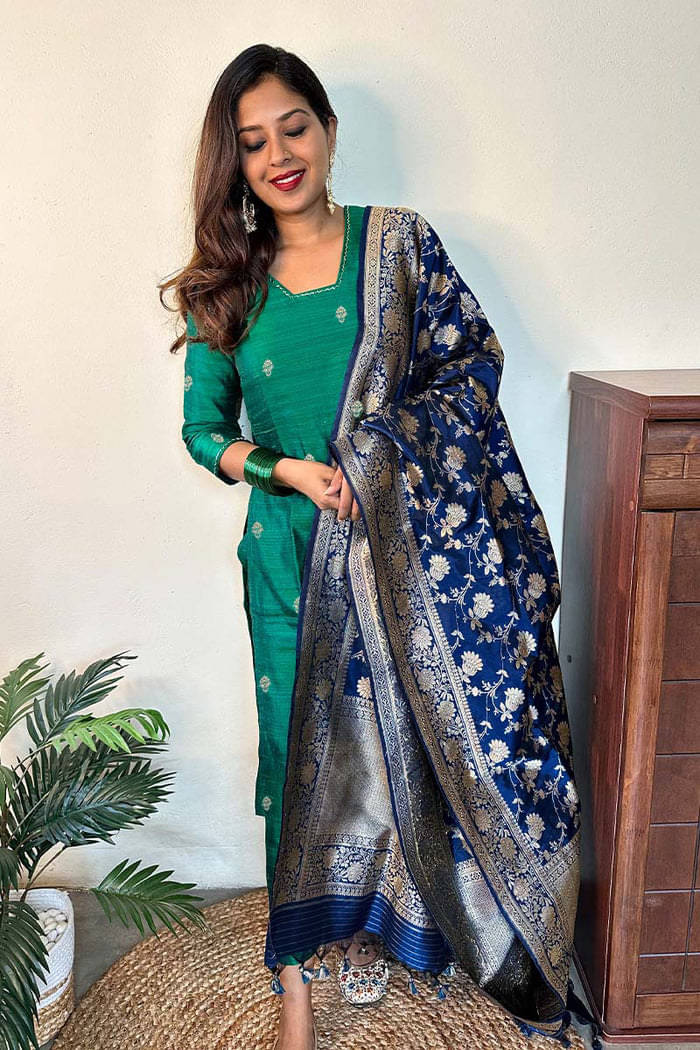 Trijal Fab Pack of 1 Jacquard Woven Design Straight Women's Kurti with Dupatta - ( Green ) Trijal Fab Pack of 1 Jacquard Woven Design Straight Women's Kurti with Dupatta - ( Green )