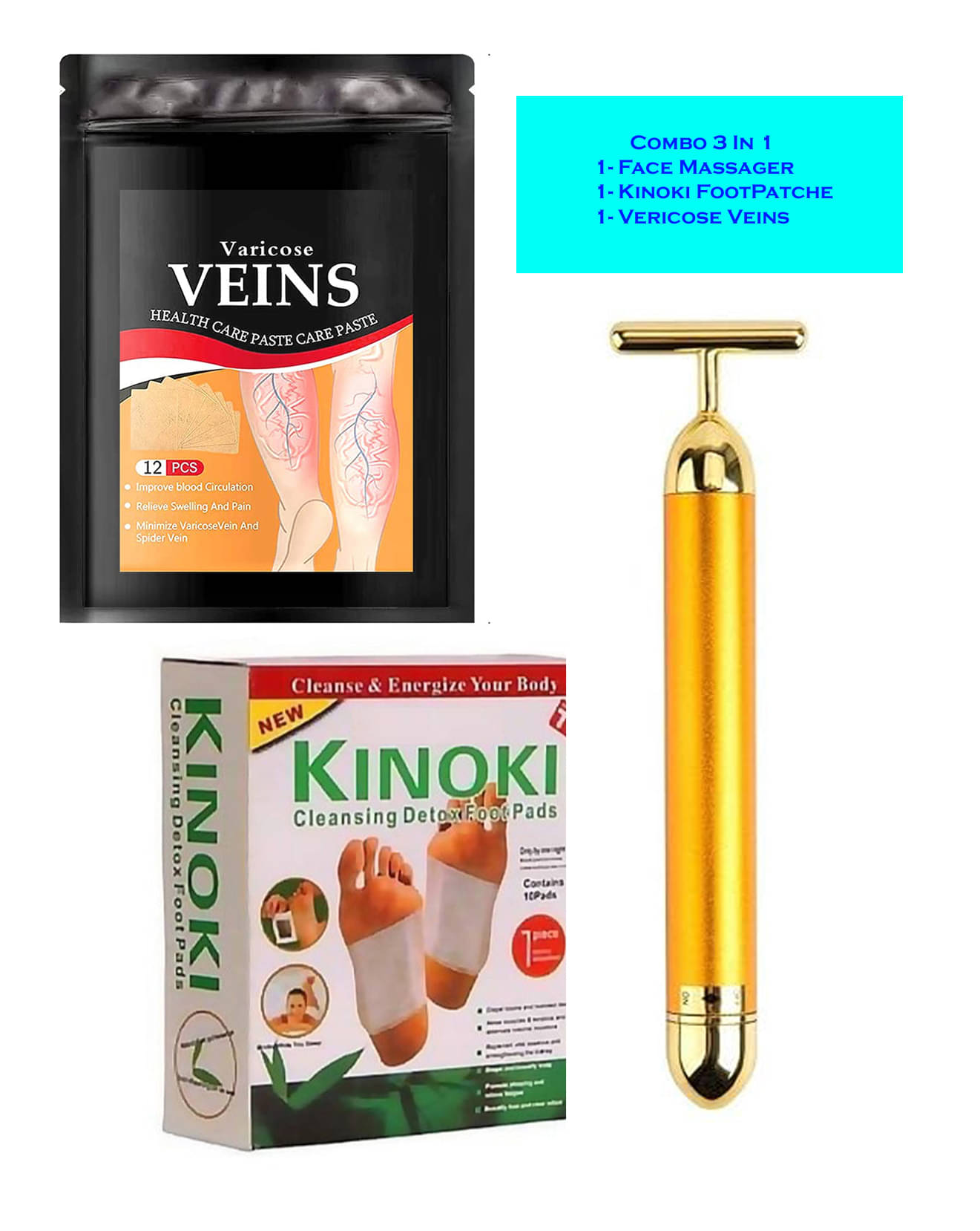     			Xforia Golden Face massager with Kinoki Foot Patch and Vericose Veins Combo Pack (Pack of 3)