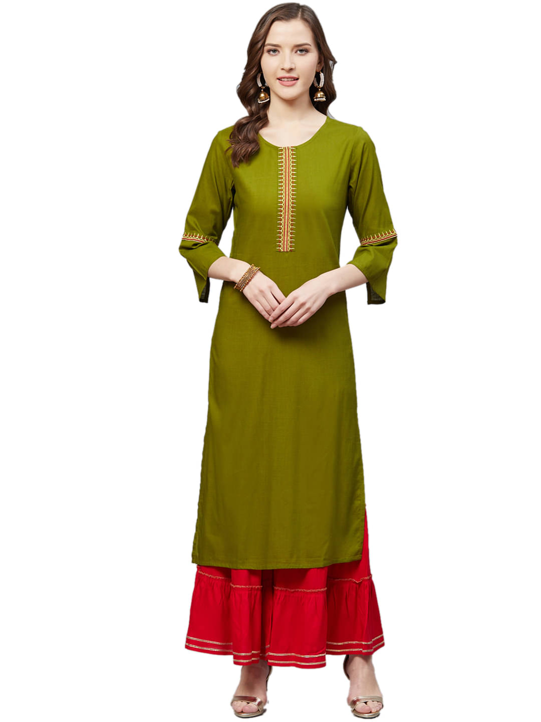 Yash Gallery Rayon Embroidered Kurti With Sharara And Gharara Women's Stitched Salwar Suit - Olive ( Pack of 1 ) Yash Gallery Rayon Embroidered Kurti With Sharara And Gharara Women's Stitched Salwar Suit - Olive ( Pack of 1 )
