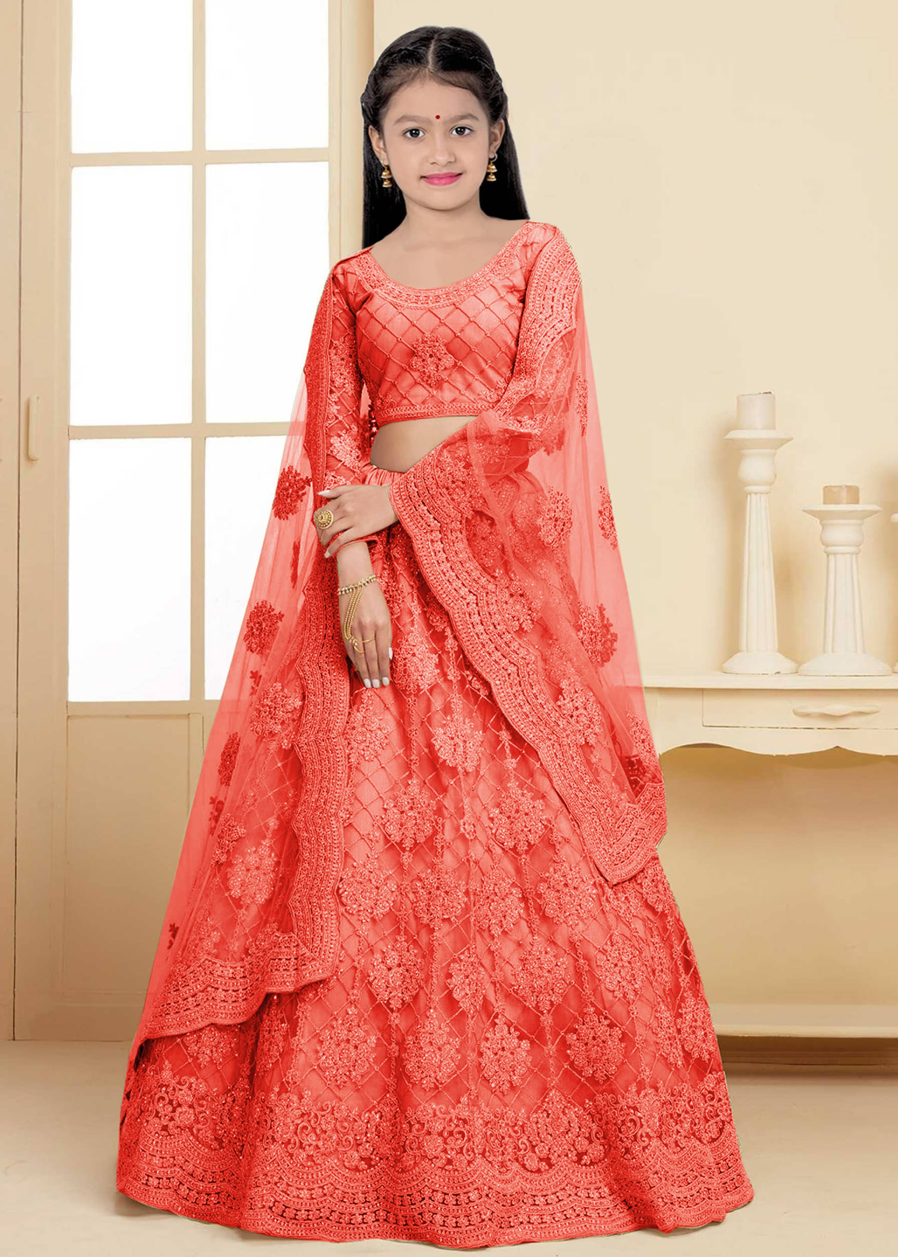     			piludi Net Lehenga Choli Set For Girls ( Pack of 1 , Orange )