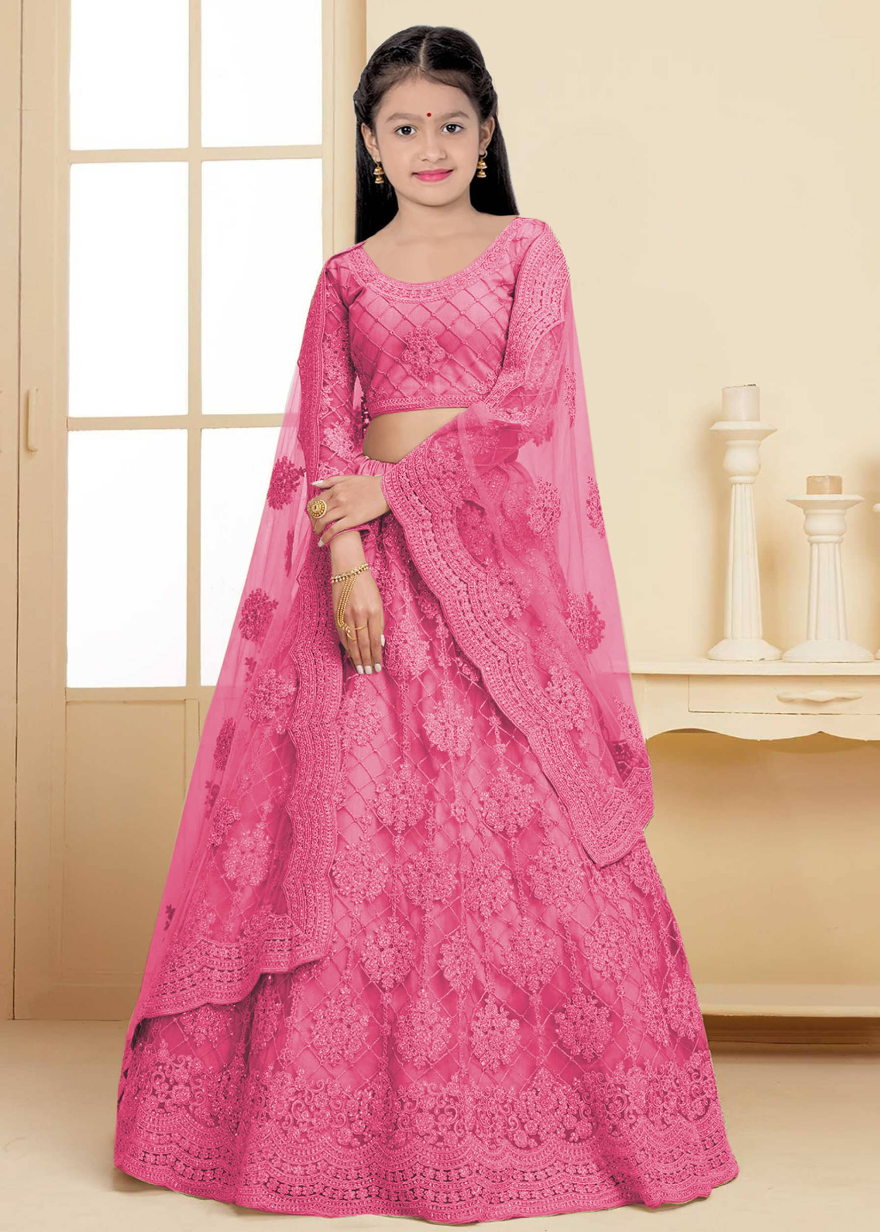     			piludi Net Lehenga Choli Set For Girls ( Pack of 1 , Pink )