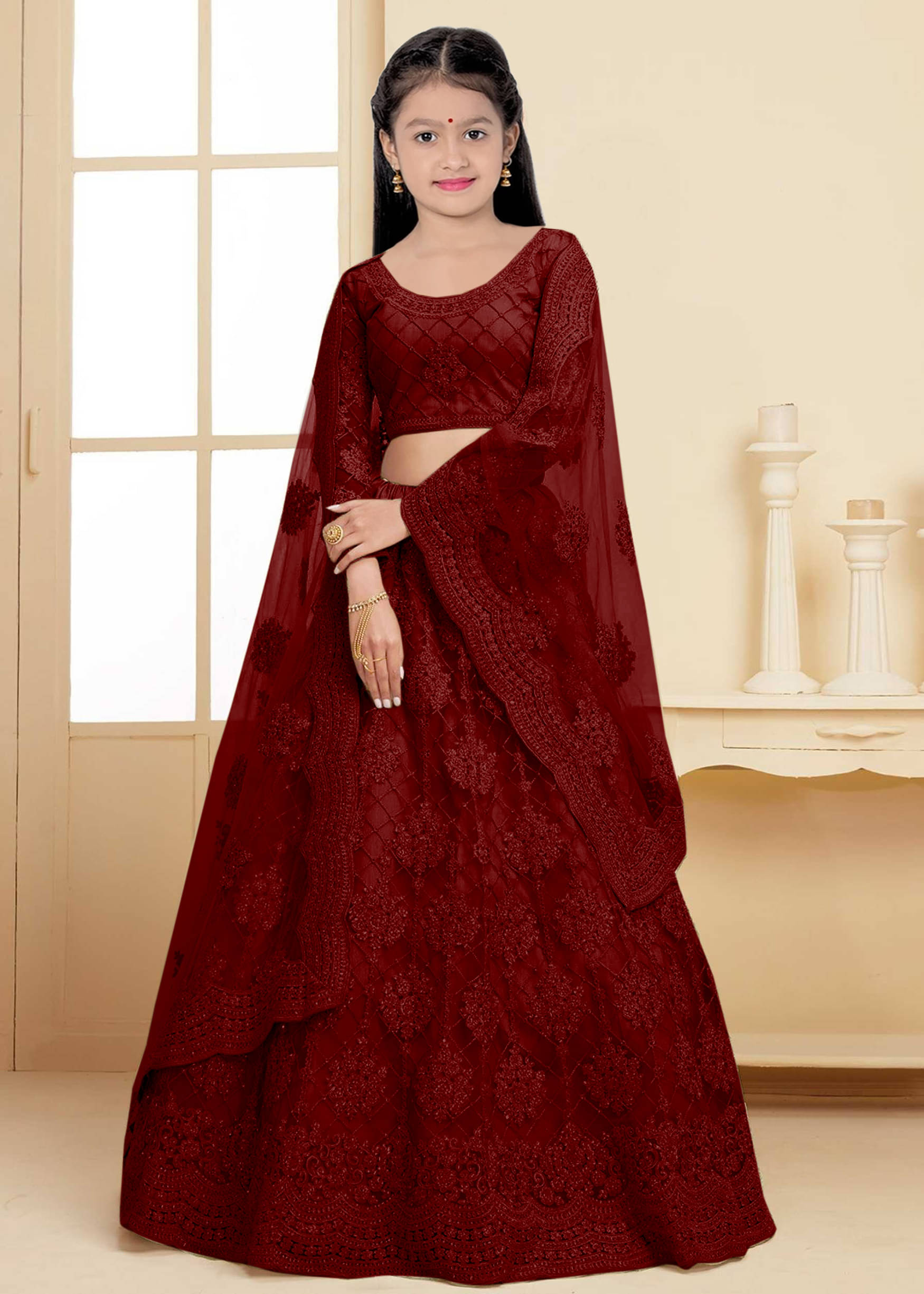     			piludi Net Lehenga Choli Set For Girls ( Pack of 1 , Maroon )