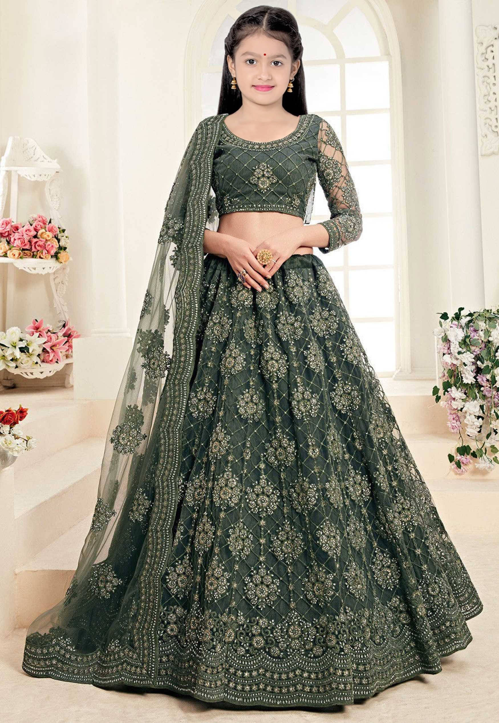     			piludi Net Lehenga Choli Set For Girls ( Pack of 1 , Green )