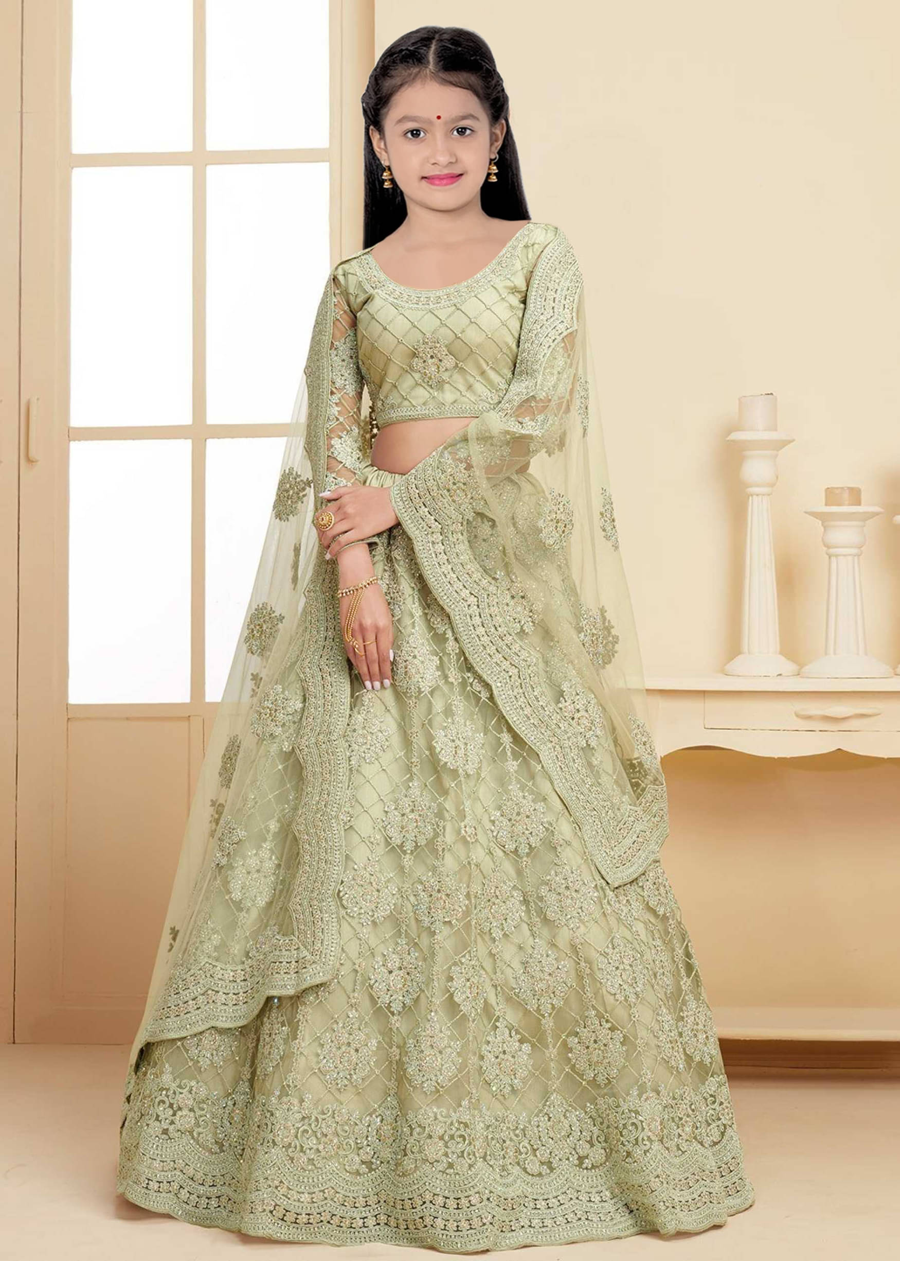    			piludi Net Lehenga Choli Set For Girls ( Pack of 1 , Pistachio )