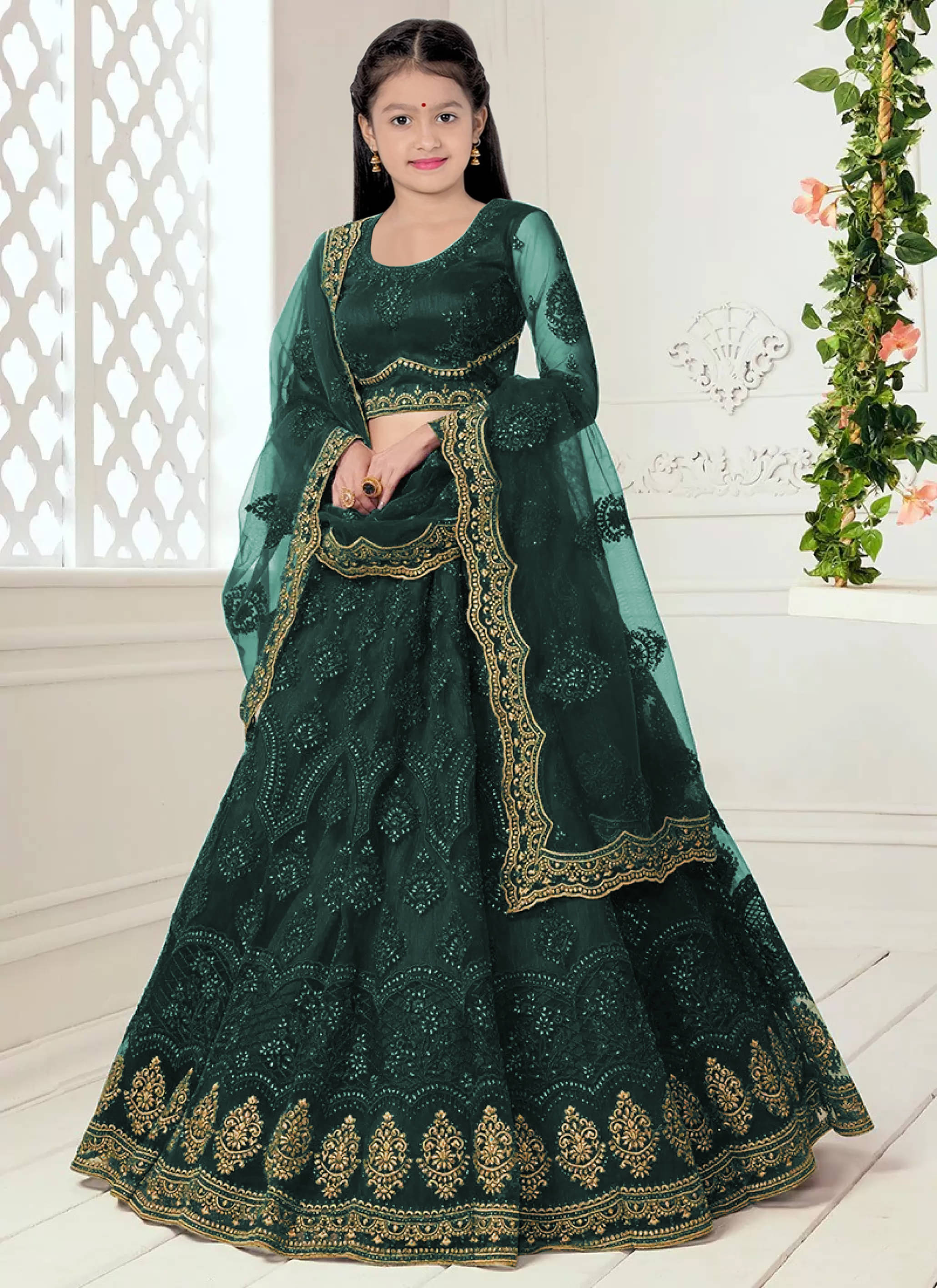     			piludi Net Lehenga Choli Set For Girls ( Pack of 1 , Green )