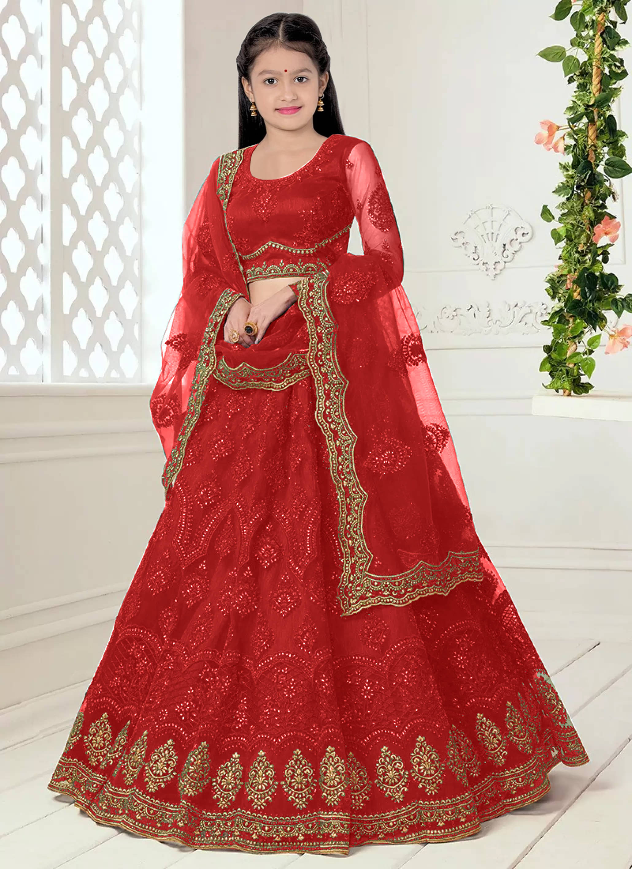    			piludi Net Lehenga Choli Set For Girls ( Pack of 1 , Red )