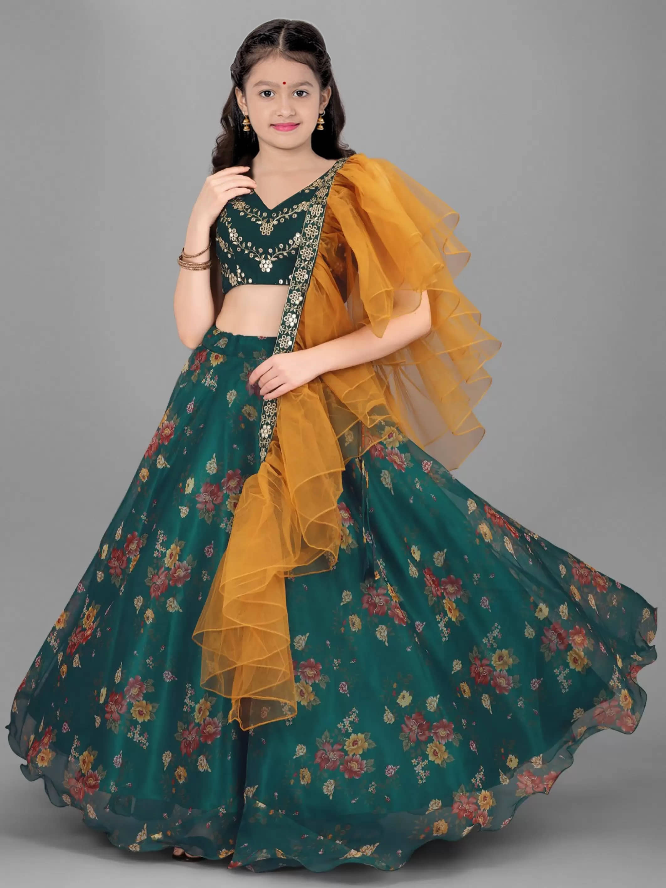 piludi Organza Lehenga Choli Set For Girls ( Pack of 1 , Green )