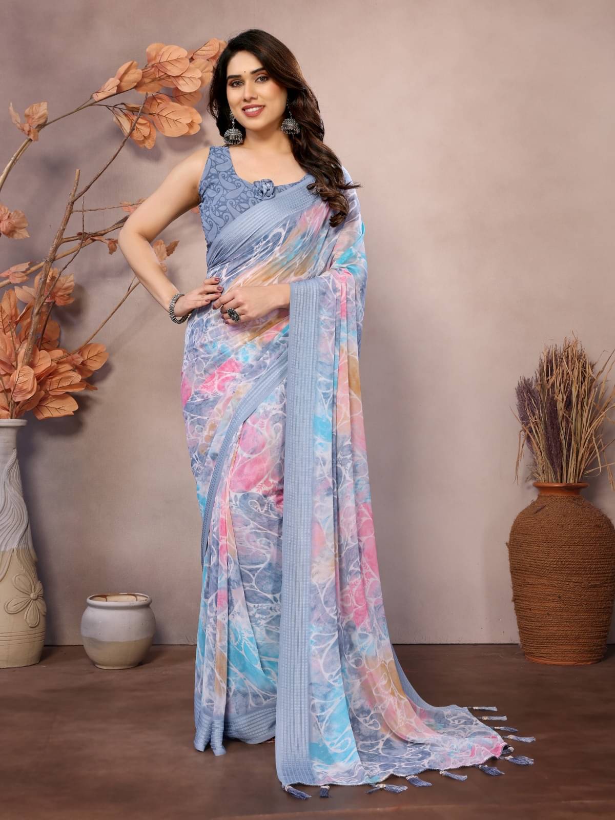 BLEESBURY Chiffon Printed Saree With Unstitched Blouse Piece ( Grey ) BLEESBURY Chiffon Printed Saree With Unstitched Blouse Piece ( Grey )