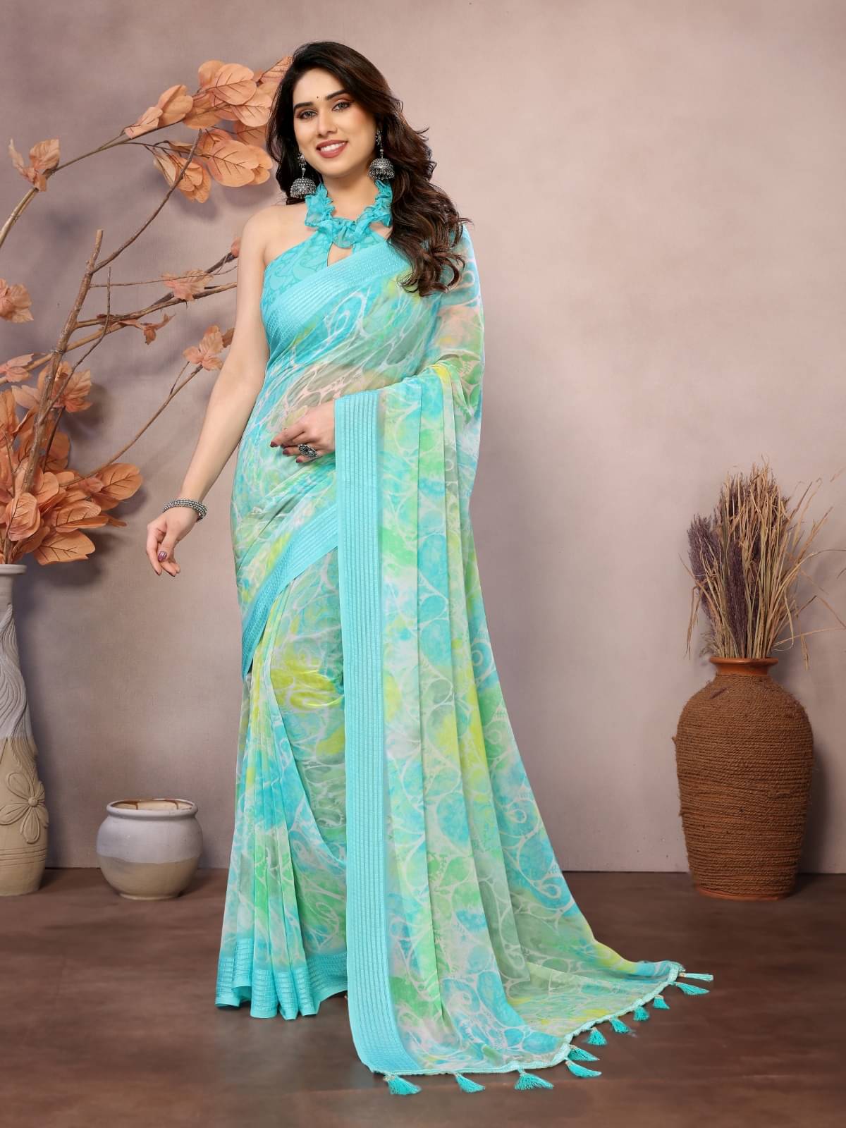 BLEESBURY Chiffon Printed Saree With Unstitched Blouse Piece ( Sea Green ) BLEESBURY Chiffon Printed Saree With Unstitched Blouse Piece ( Sea Green )