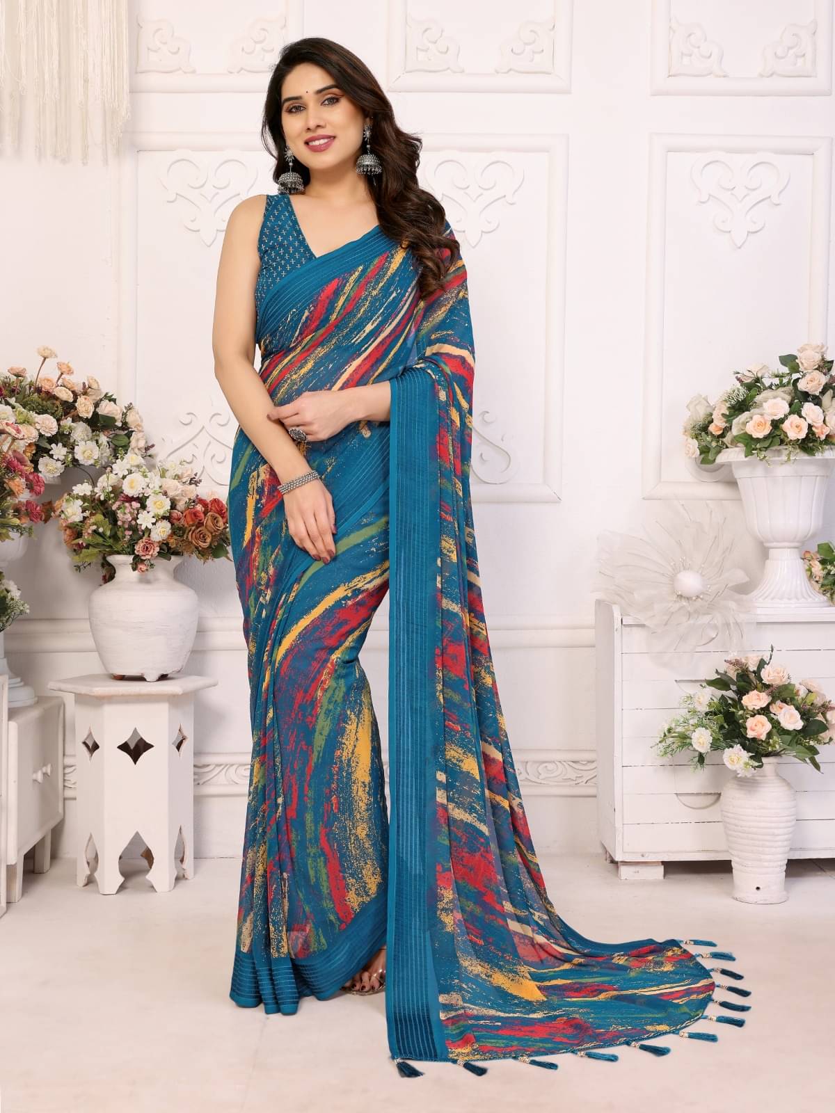 DIKONA DESIGNER Chiffon Printed Saree With Unstitched Blouse Piece ( Teal ) DIKONA DESIGNER Chiffon Printed Saree With Unstitched Blouse Piece ( Teal )