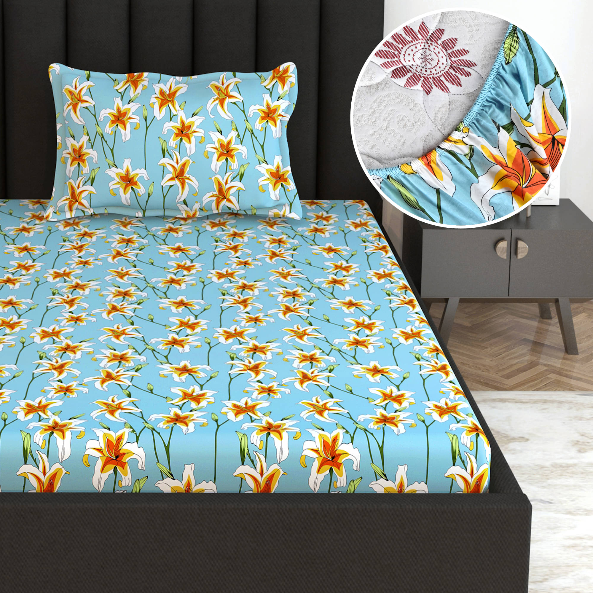DIVINE CASA Cotton Floral Fitted Fitted bedsheet with 1 Pillow cover ( Single Bed ) - Sky Blue DIVINE CASA Cotton Floral Fitted Fitted bedsheet with 1 Pillow cover ( Single Bed ) - Sky Blue