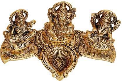 Fashion Bizz Lord Lakshmi Ganesha Saraswati Idol With Diya Decorative Showpiece - 10 cm