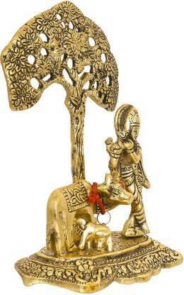 Fashion Bizz Golden Metal Krishna With Cow Calf Standing Under Tree - 16.5 cm Fashion Bizz Golden Metal Krishna With Cow Calf Standing Under Tree - 16.5 cm