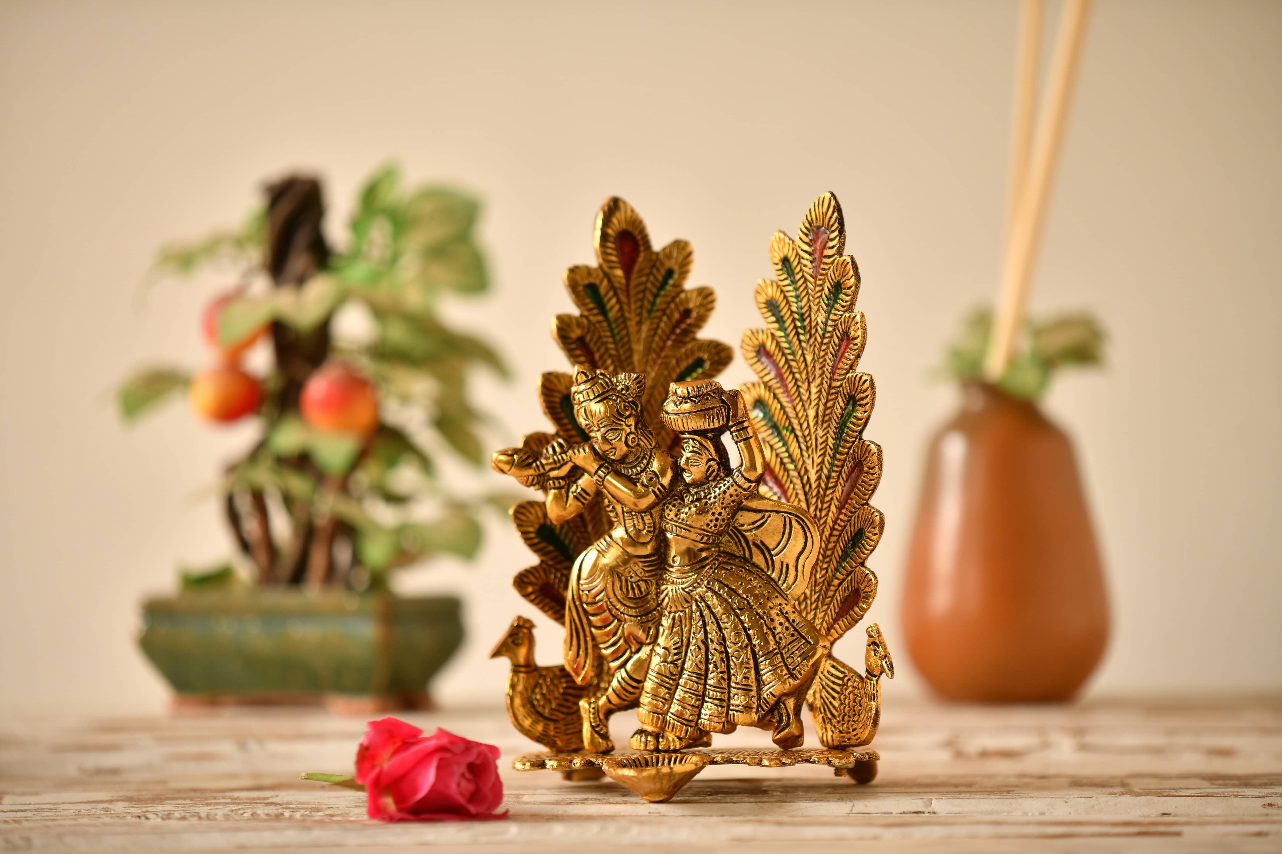 Fashion Bizz Radha Krishna Idol Statue With Diya Peacock Design Decorative Showpiece - 20 cm