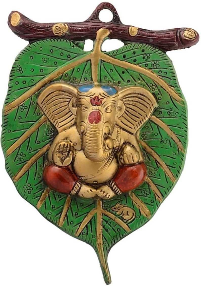 Fashion Bizz Lord Ganesha In Red Dhoti On Green Leaf Decorative Showpiece - 22 cm