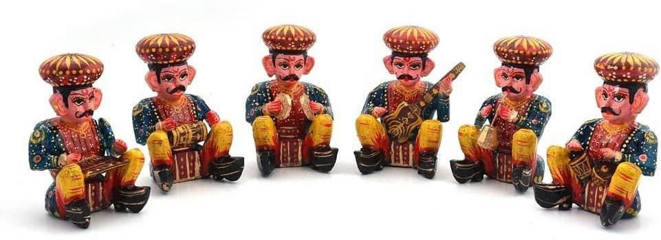 Fashion Bizz Rajasthani Wooden Musician Bawla Decorative Showpiece - 5.4 cm - Pack of 6