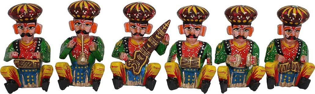 Fashion Bizz Rajasthani Wooden Musician Bawla Decorative Showpiece - 5.4 cm - Pack of 6