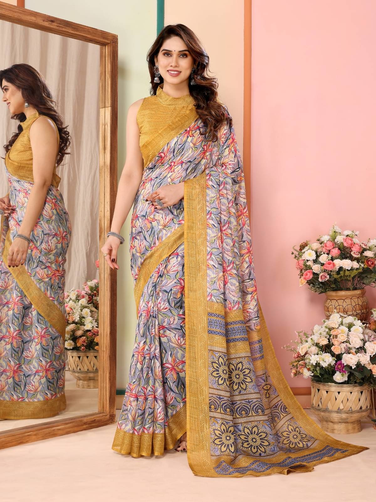     			PHORIA STYLE Linen Printed Saree With Unstitched Blouse Piece ( Mustard )