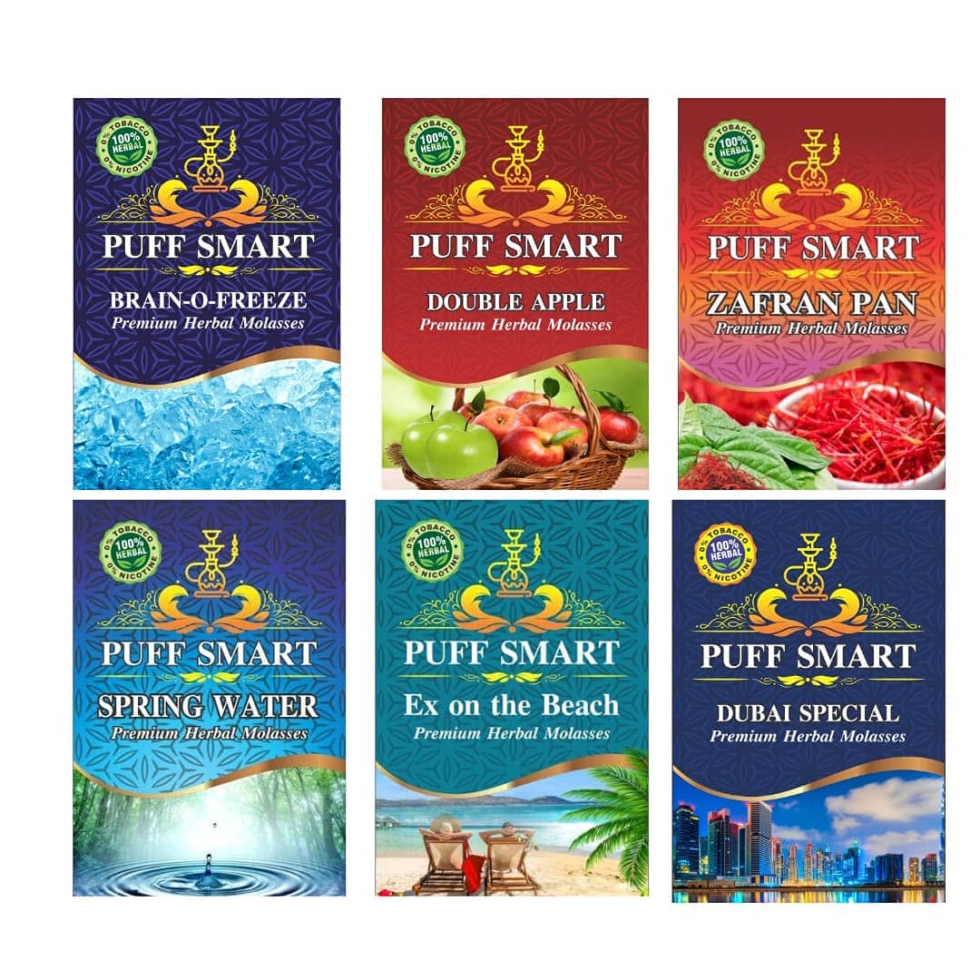 PUFF SMART Herbal Hookah Molasses (100% Nicotine and Tobacco Free) Double Apple, Brain-o- Freeze, Zafran Pan, Dubai Special, Ex on The Beach and Spring Water Hookah (Pack of 6)
