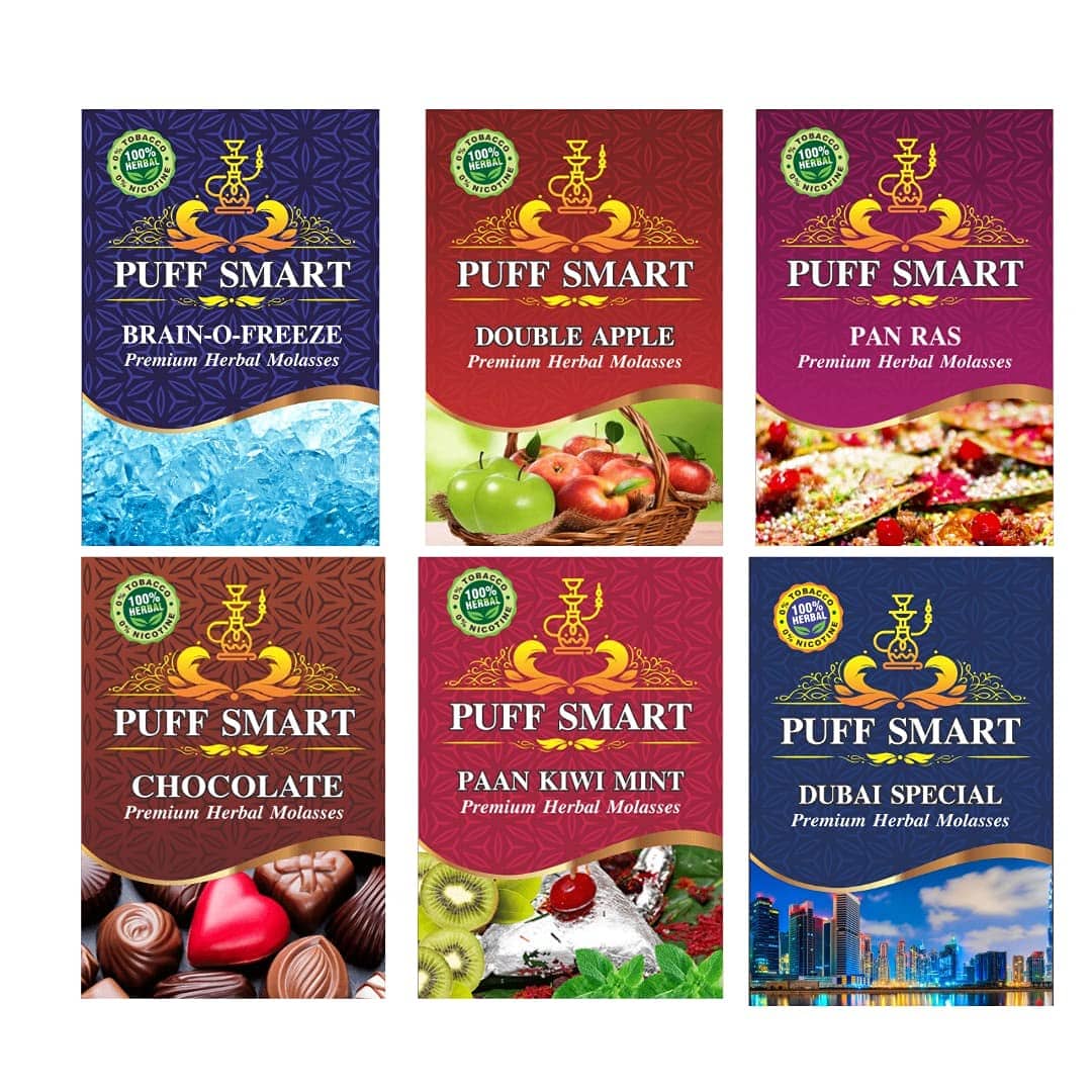 PUFF SMART Herbal Hookah Molasses (100% Nicotine and Tobacco Free) Double Apple, Brain-o- Freeze, Chocolate, Pan Ras Dubai Special, Paan Kiwi Mint Hookah (Pack of 6)